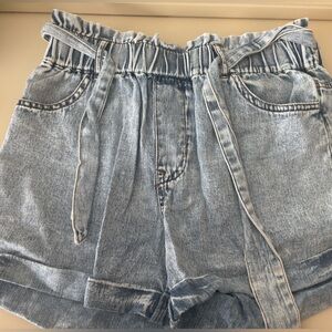 Blue High-Waisted Paper Bag Jean Shorts